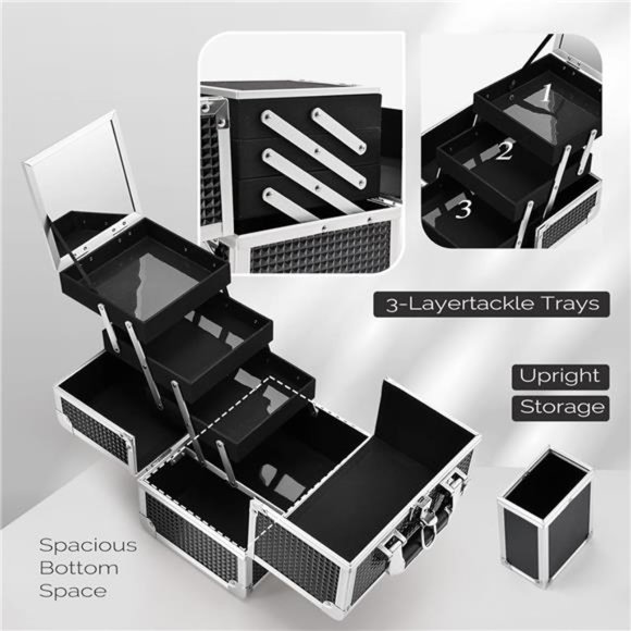 Makeup Box Organizer Large Makeup Case with Mirror 3-Tray Carrying Make-up Case - Picture 5 of 7
